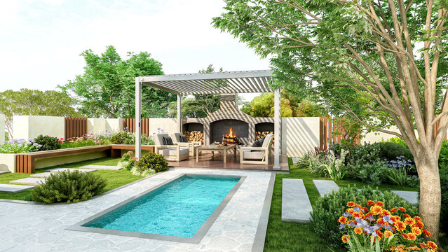 Modern luxury pergola in backyard garden with outdoor seating area and small swimming pool, 3D Rendering