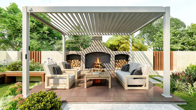 Modern luxury pergola in backyard garden with outdoor seating area and small swimming pool, 3D Rendering