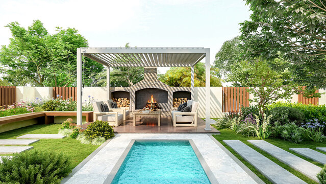 Modern luxury pergola in backyard garden with outdoor seating area and small swimming pool, 3D Rendering