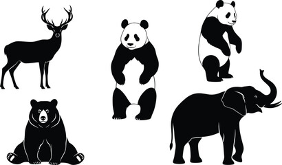 Collection of wild animal silhouettes including deer panda bear and elephant for wildlife and nature design projects © Rajib