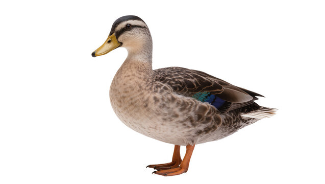 Brown mallard duck with blue wing feathers, isolated on transparent background