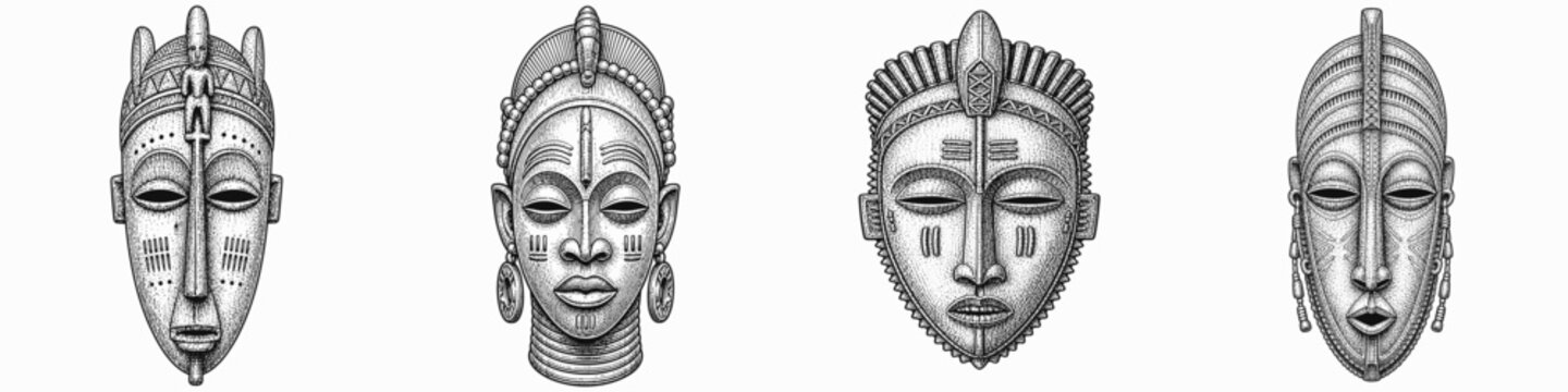 African masks depicting traditional art in monochromatic vector style  