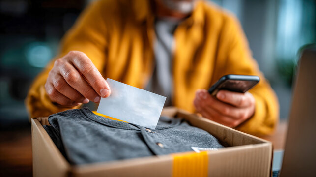 Customer preparing online shopping return package at home, placing return label on folded clothing in box