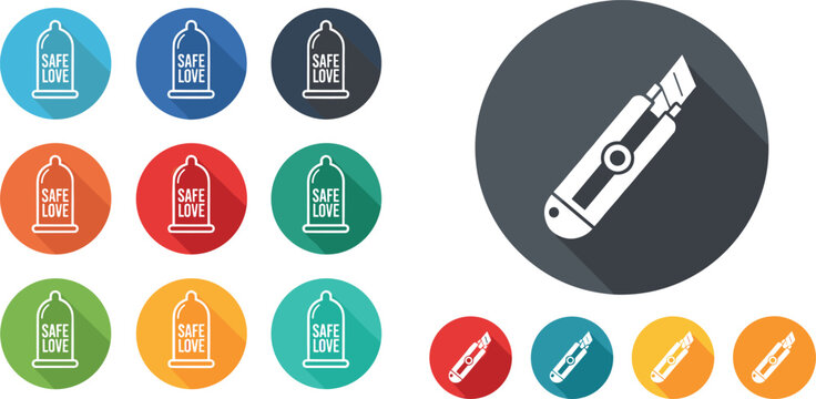 Safe Love Condom Icons And Box Cutter Utility Knife Symbols In Flat Circular Long Shadow Styles