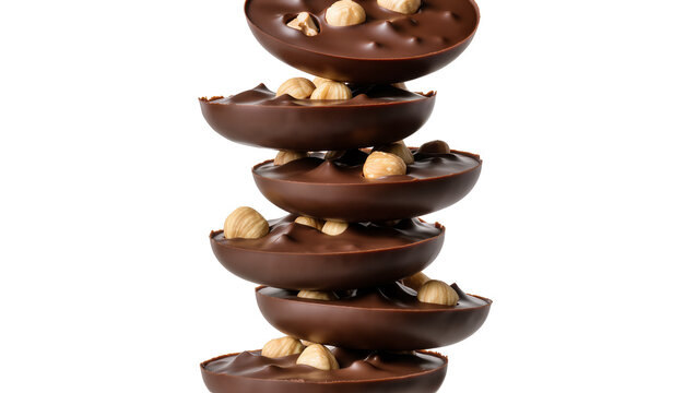 Stack of dark chocolate halves filled with hazelnuts, isolated on transparent background