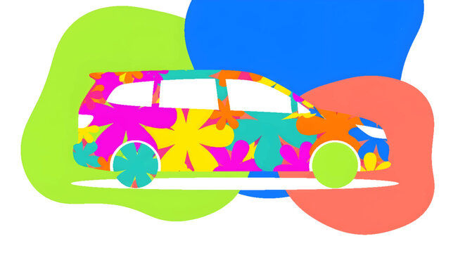 colorful van with abstract shapes and psychedelic paint