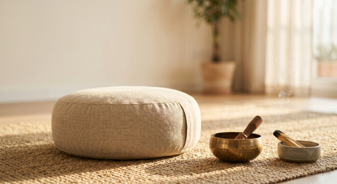 Zen meditation space with a zafu cushion, a Tibetan singing bowl, and burning palo santo