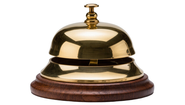 Polished brass hotel reception bell with wooden base, isolated on transparent background
