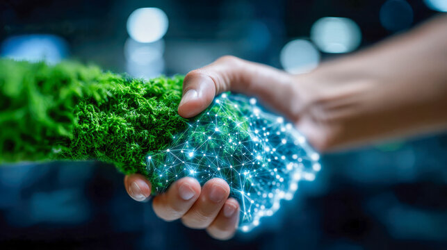Handshake between nature and digital technology, symbolizing green innovation, sustainable partnerships, and future business solutions