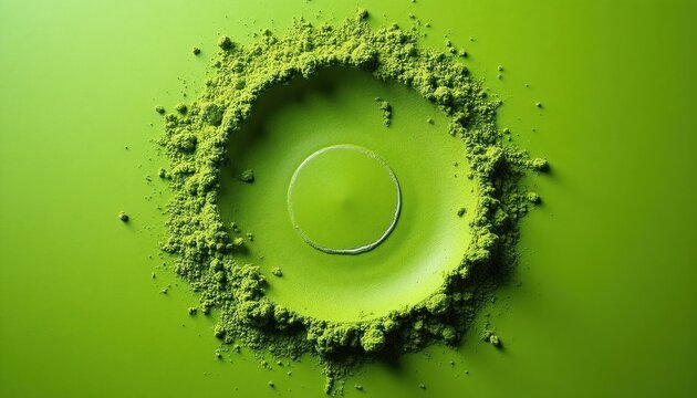 Vibrant green matcha powder arranged in circle on bright green background. Clean circular indentation visible in center, purity, balance. Image ideal for health, wellness content.