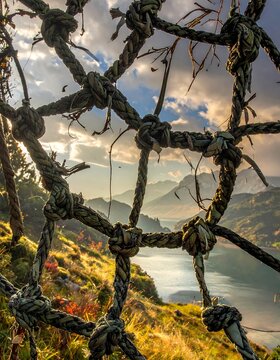 Knotted ropes frame a misty, mountainous lake view