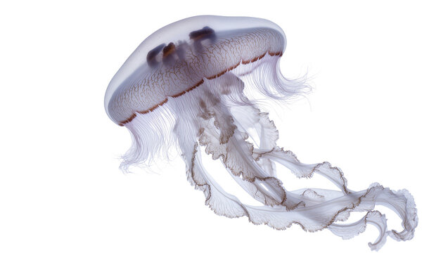 Translucent jellyfish with dark brown spots and delicate tentacles, isolated on transparent background