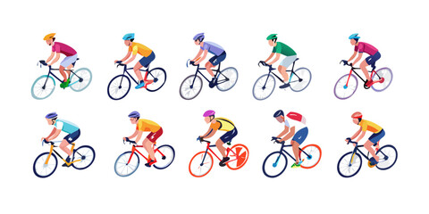 Naklejka premium Set of professional cyclists riding road bikes, vector