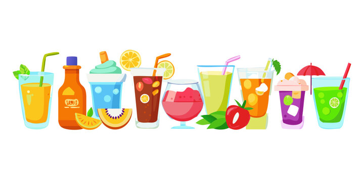 Collection of colorful summer drinks and refreshing cocktails, vector