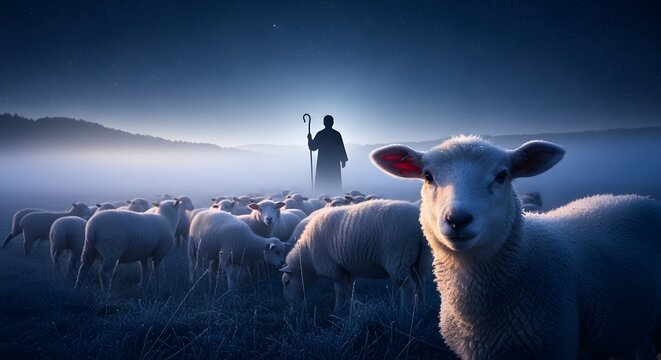 A peaceful rural scene of sheep following their leader, perfect for religious themes like Ascension Day, the Gospel of John, and the concept of divine protection in the Christian faith today