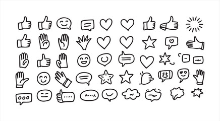 Hand drawn social media icons set with hearts thumbs up smiley faces and speech bubbles doodle style. © Mohammad