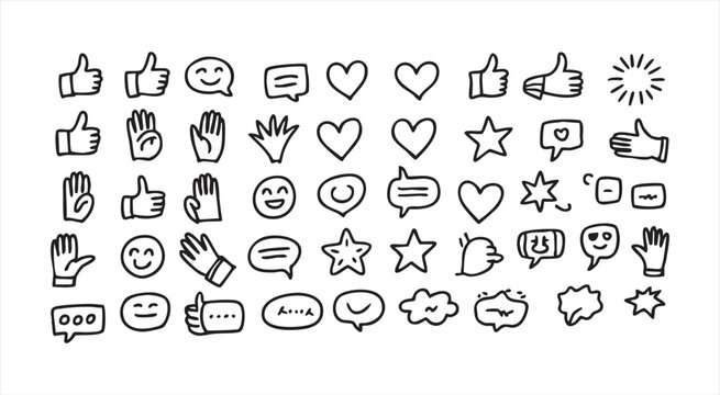 Hand drawn social media icons set with hearts thumbs up smiley faces and speech bubbles doodle style.