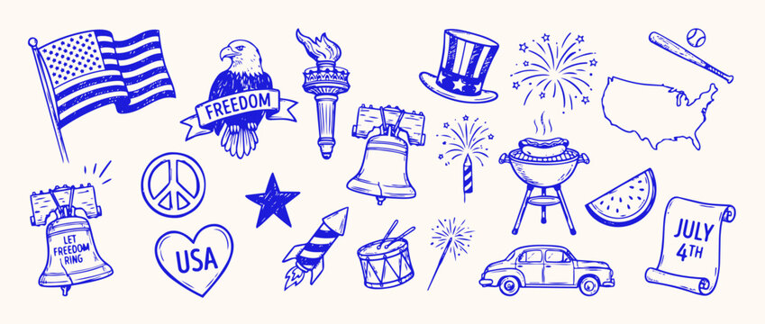 Symbols of American Independence: An illustrative collection of patriotic symbols, meticulously drawn in a sketched style, including the iconic flag, eagle, Liberty Bell, fireworks, and more.