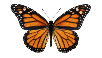 Monarch butterfly with orange black and white wings, isolated on transparent background © Matteo