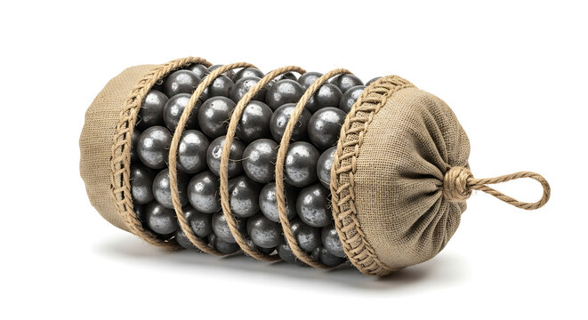 Isolated close-up shot of a vintage grenade made of metal balls and burlap sack