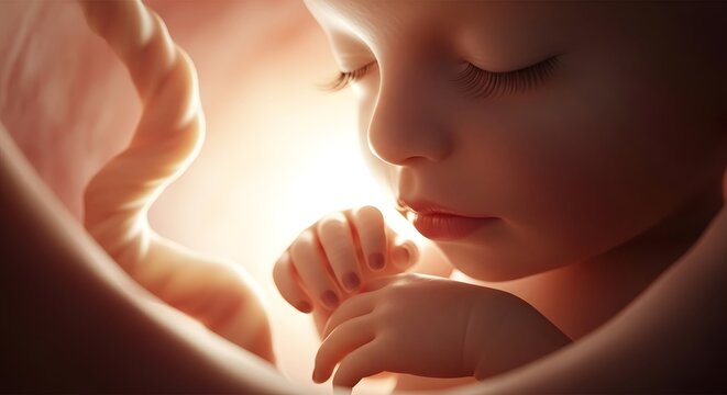 Detailed close-up of a human fetus with visible eyelashes and tiny hands in the womb. A beautiful 3D medical illustration representing prenatal development, new life, and maternity health