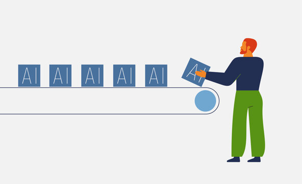 Mass AI content without value. AI slop&mdash;digital clutter, shoddy work. generation of similar and repetitive solutions. A person controls and verifies the code and information. vector illustration