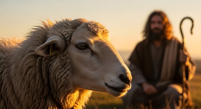 Close-up of a gentle sheep with a shepherd in the background, symbolizing Jesus as the Good Shepherd. A peaceful religious illustration for Easter, Ascension Day, and the Gospel of John
