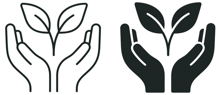 hands holding plant icon set, line and solid style vector illustration on transparent background