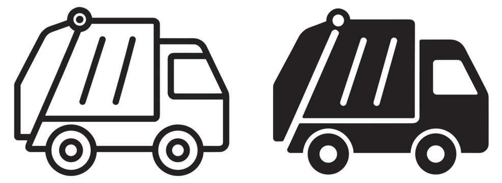 garbage truck vector icon set with outline and solid filled style on transparent background