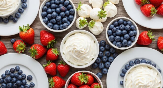 Memorial day berry dessert spread strawberries blueberries and creamy toppings