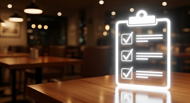 Glowing checklist clipboard icon with checkmarks on a wooden table in a cafe done task