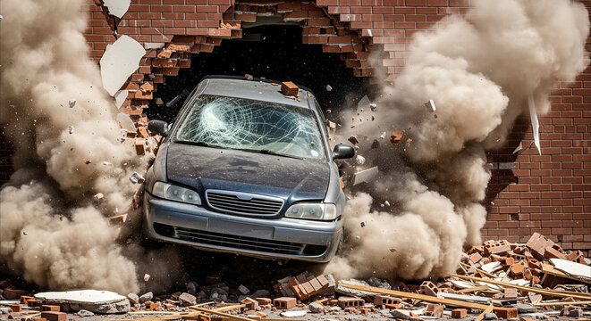 Car crashes through brick wall in dramatic explosion of dust and debris, symbolizing destruction and insurance claims