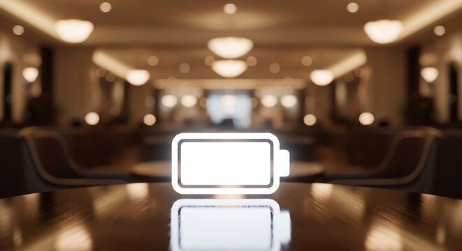 Glowing Empty Battery Icon on Reflective Table in Cafe Interior battery, power, energy, charge, low