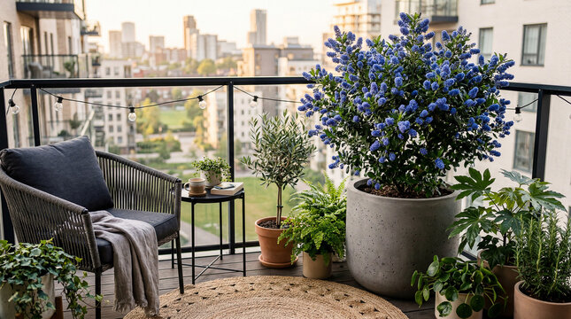 Modern City Balcony Oasis with Blue Ceanothus in Concrete Pot and Rattan Furniture