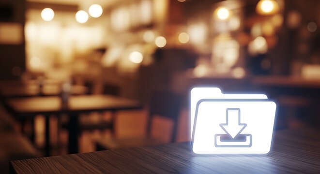 Glowing folder icon with download arrow on a wooden table in a blurred restaurant interior symbol file