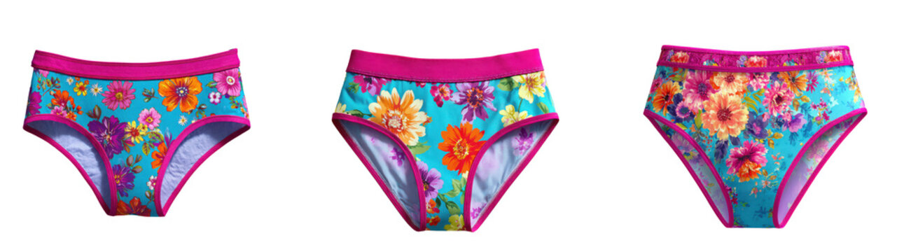 Three pairs of colorful floral print panties with pink glittery waistbands isolated on transparent background