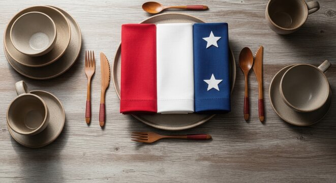 Memorial day table setting patriotic american flag with dinnerware and utensils