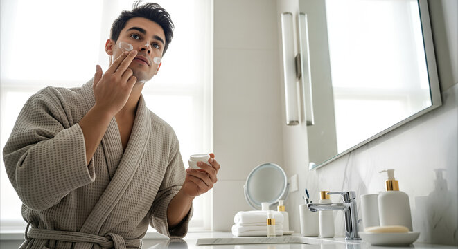 Young man applying face cream in a modern bathroom during his morning skincare routine, focusing on self-care and healthy skin.
