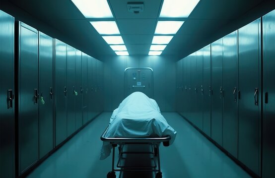 Gurney with body covered in sheet in dimly lit morgue hallway. Cold sterile steel lockers line walls. Harsh overhead fluorescent lights illuminate scene.