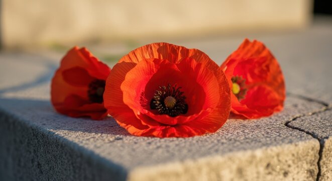 Memorial day remembrance vibrant red poppies on stone honoring fallen heroes