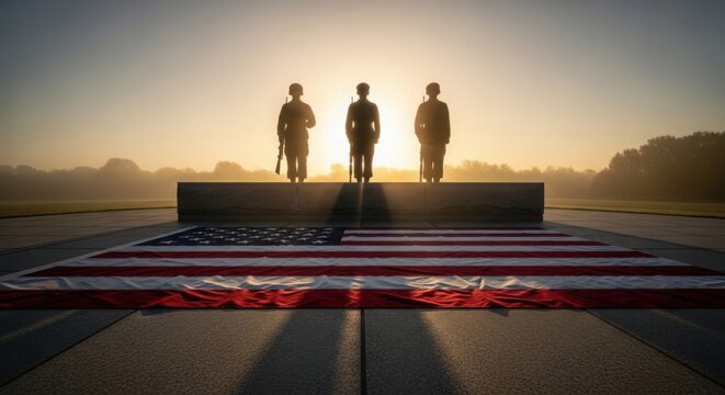 Memorial day remembrance three soldiers silhouetted against a sunset