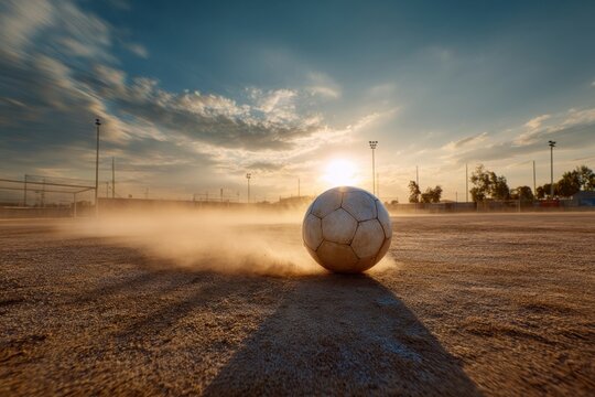 Soccer ball rolling towards the camera on a dusty pitch,
