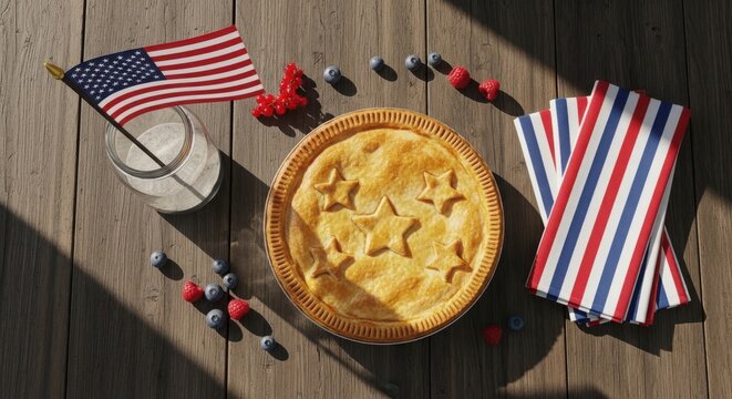 Memorial day patriotic still life american flag pie and summer celebration