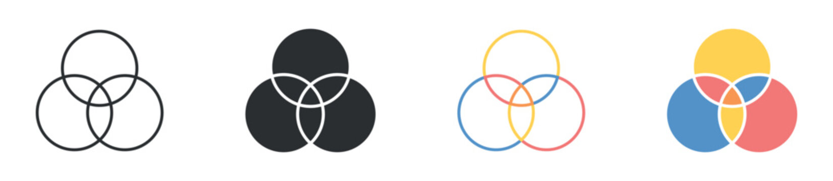 Overlapping circles icon set. three intersecting round shapes. connection and relationship concept. vector illustration.