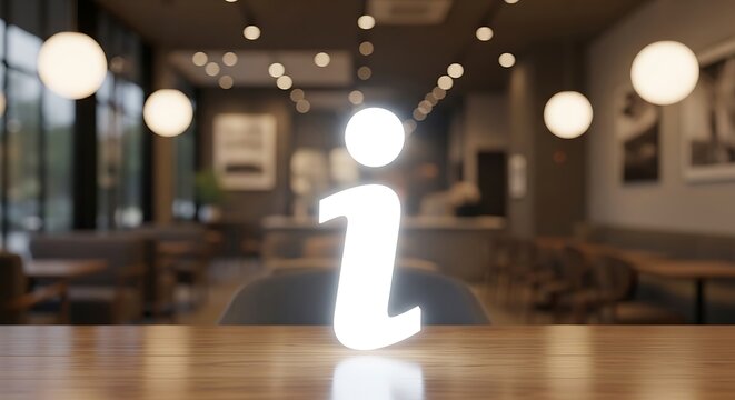 Illuminated information icon 'i' on a wooden table with blurred cafe interior
