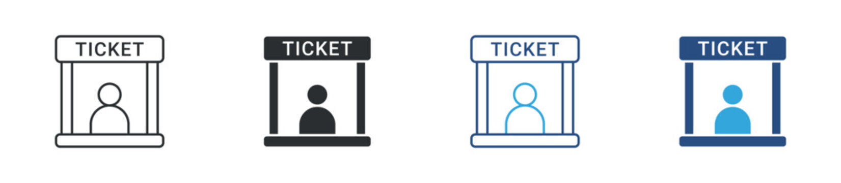Ticket booth icon set. service window with person inside. cinema and event entry concept. vector illustration.