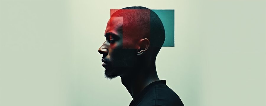 Man profile with fragmented face. Geometric shapes overlay head. Dark skin tone. Minimalist style portrait. Abstract human idea. Thoughtful mood.