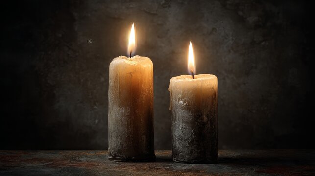 Flames light up two church candles against a dark backdrop.