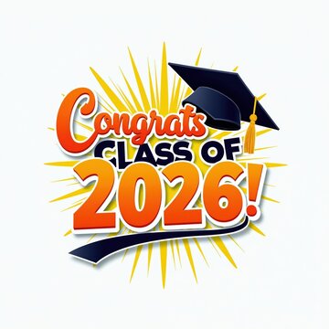 Congrats Class of 2026 graphic with graduation cap and sunburst. Bright orange and yellow design signifies academic achievement. Perfect for graduation announcements invitations cards banners.