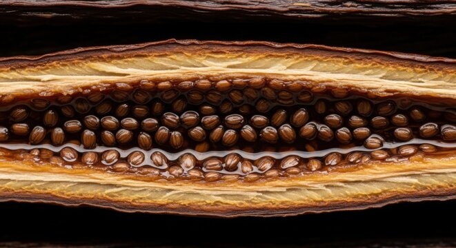 A highly detailed close-up view of a cacao pod's interior, showcasing its seeds and pulp.
